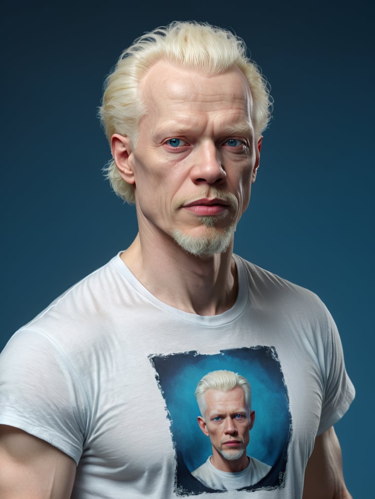 A middle-aged albino man wearing a white T-shirt, isolated, blue background, mockup, mock up