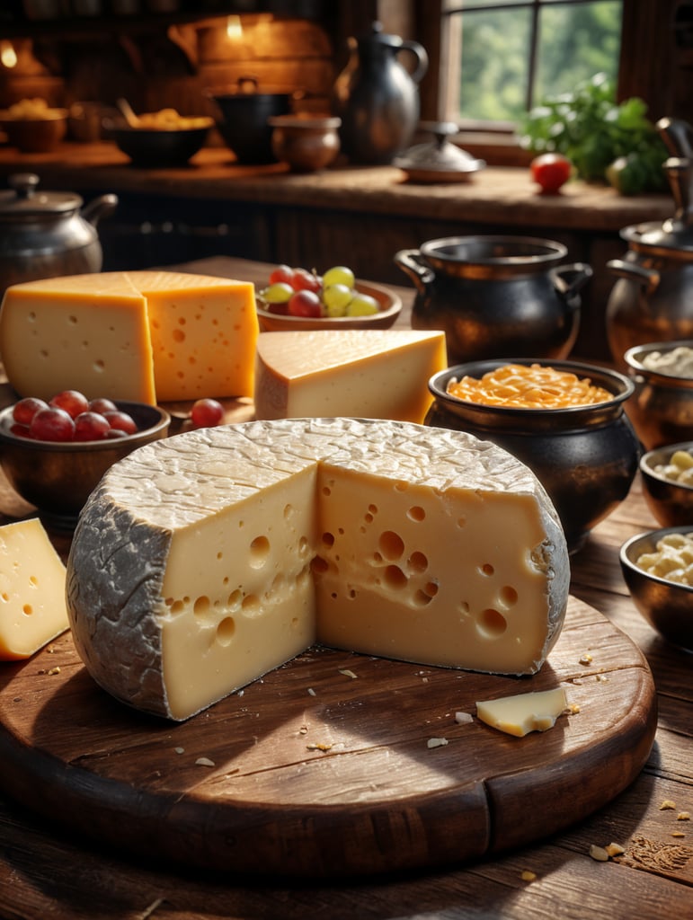 close up of a cheese on a wooden table inside of a traditional kitchen