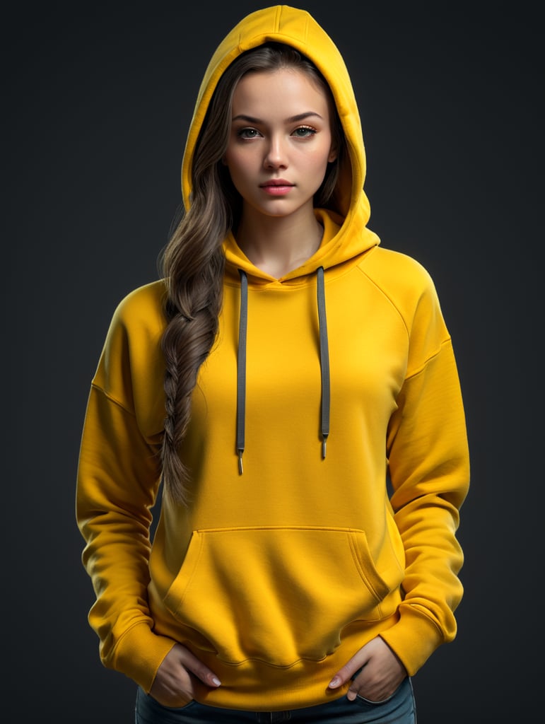 Portrait of a beautiful young woman wearing blank yellow hoodie, isolated, minimalism, mockup, mock up