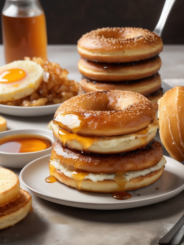 ultra-realistic 4k image of toasted bagels with hash browns, next to a stack of pancakes with maple syrup