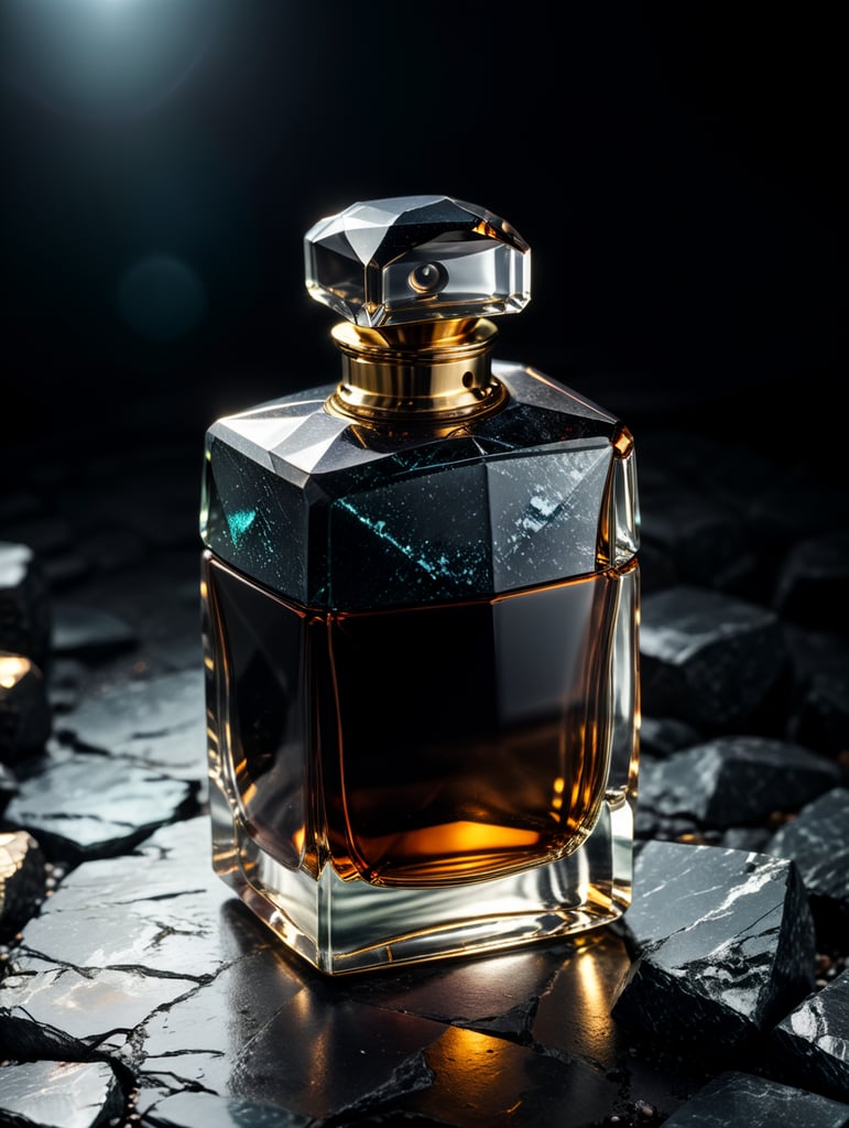 professional photography of a luxury perfume, square chrome bottle, faceted black stone in the form of a cap, in the space, no label, clear, mockup