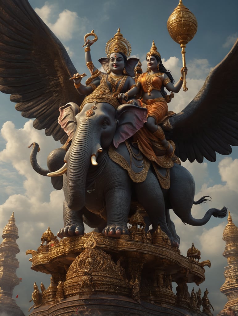 A loving couple on a Ganesh statue taking flight