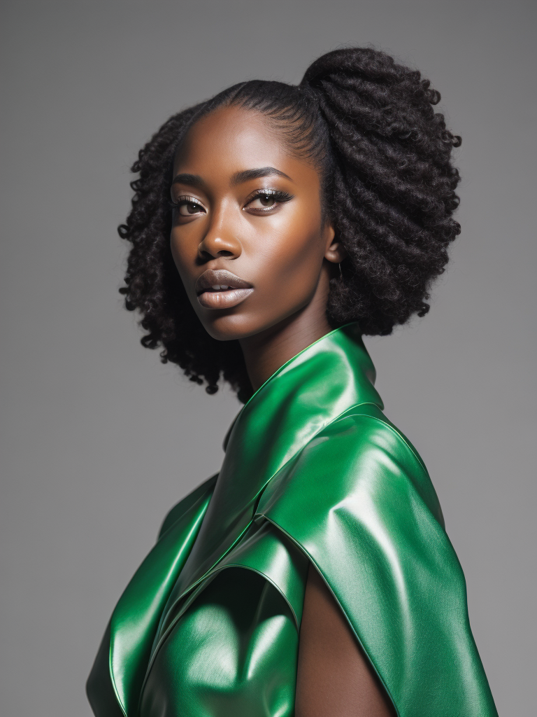 Resolute ebony woman model, gazing diagonally, adorned in extravagant and avant-garde attire, featuring plastic and latex elements, abstract forms, asymmetrical techno embellishments, dominant green hue, 4k resolution, medium frame, cinematic capture, reminiscent of Iris van Herpen aesthetics.