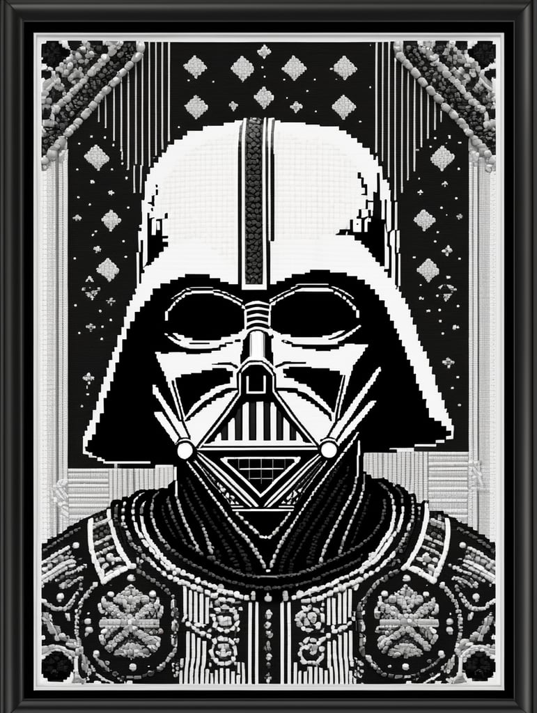 cross stitch pattern with Darth Vader in the style of fujifilm natura 1600, white and black, expressive comic panels, made of beads and yarn, craftcore, skillful, free brushwork