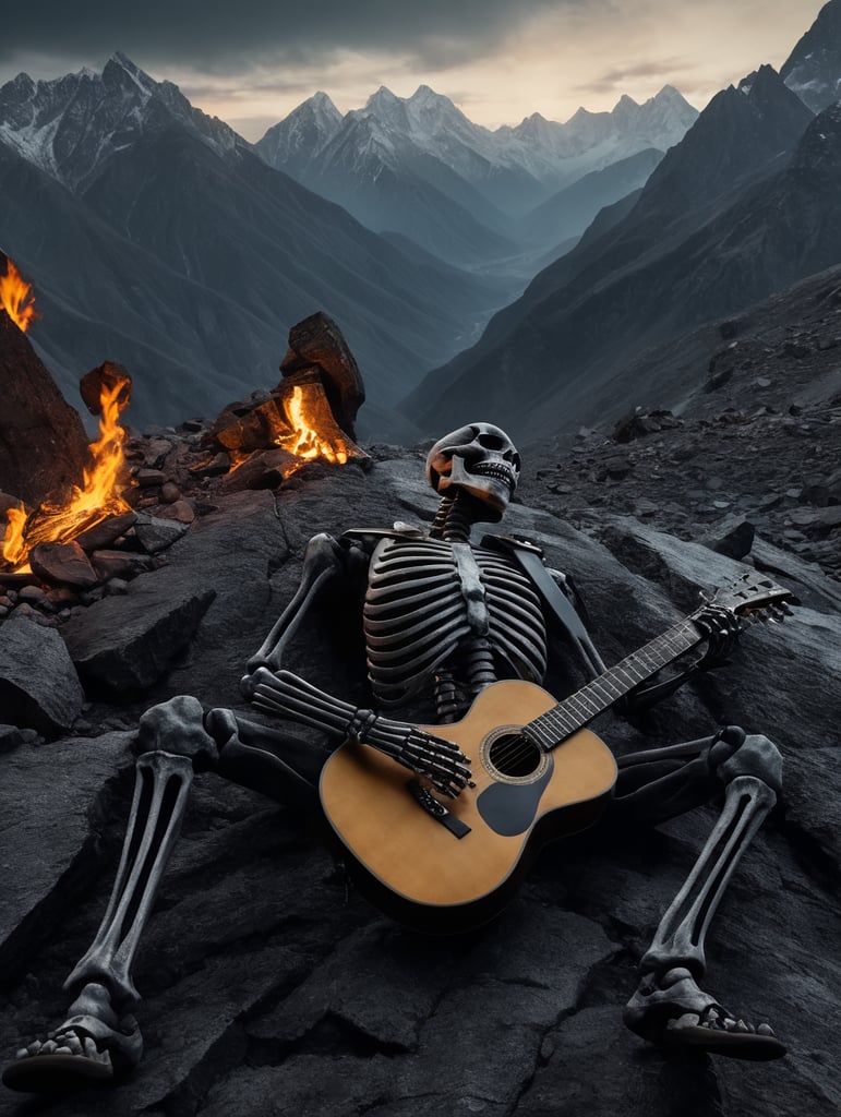 Dead body of a mountaineer playing a guitar. Skeleton, vintage, mountains in the background