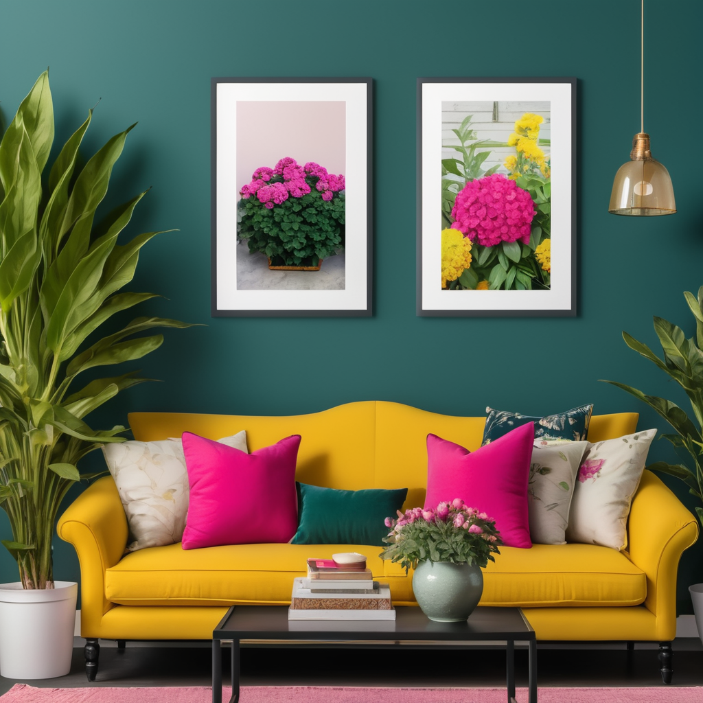 Mockup for two frames of 24x36 in. posters, hanging on a wall painted dark teal color, in a french modern country style livingroom, hot pink sofa and yellow pillows, many plants and flowers, bright livingroom