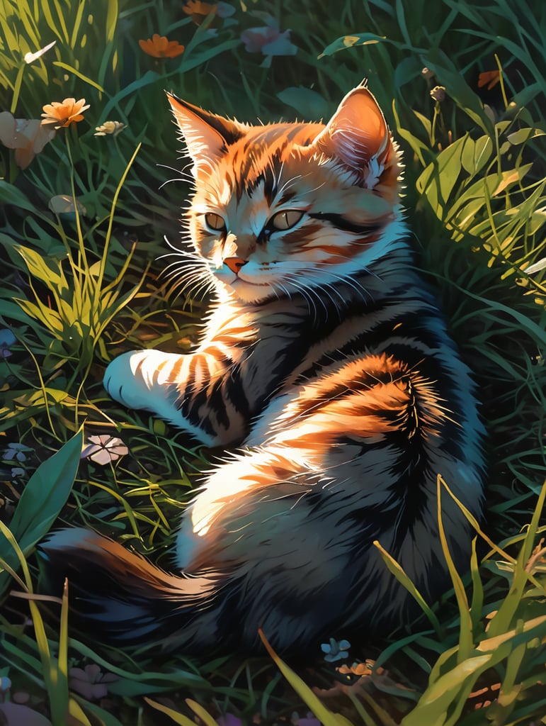 Kitten asleep on the grass