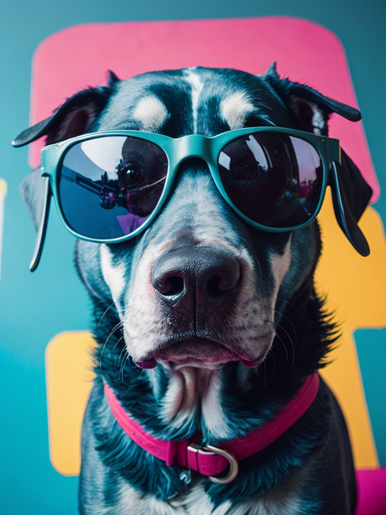 portrait of a blue dog, wearing green sunglasses, pink background, bright colors