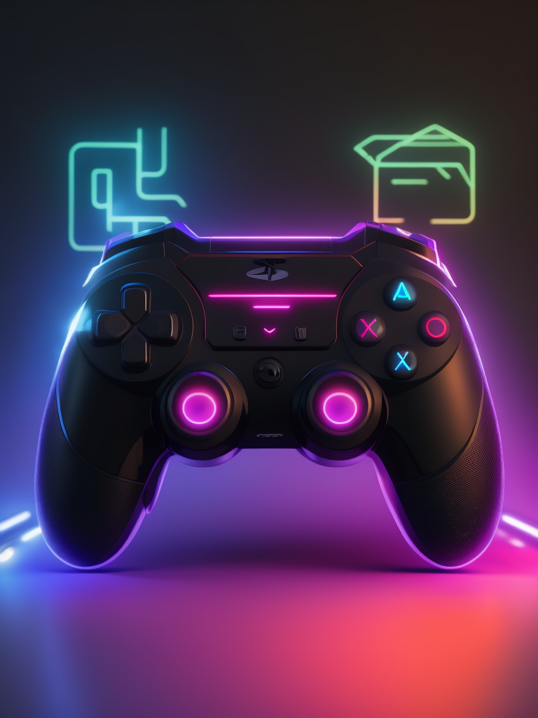 Design a futuristic, neon-colored gaming controller in the style of a playstation controller, glowing neon, semitransparent, deep vibrant colors, high details