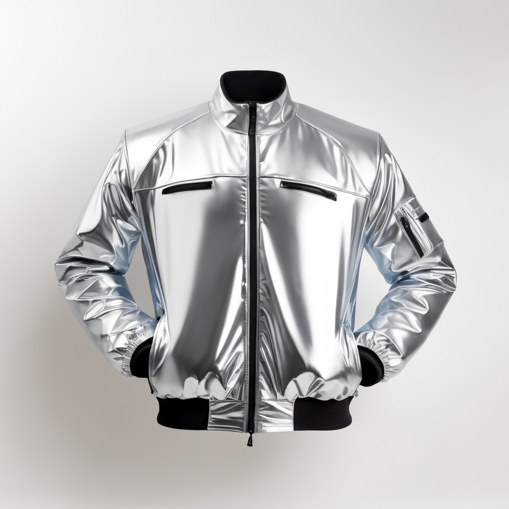 A realistic photo of a chrome shiny jacket, coverall with reflective material, isolated, white background