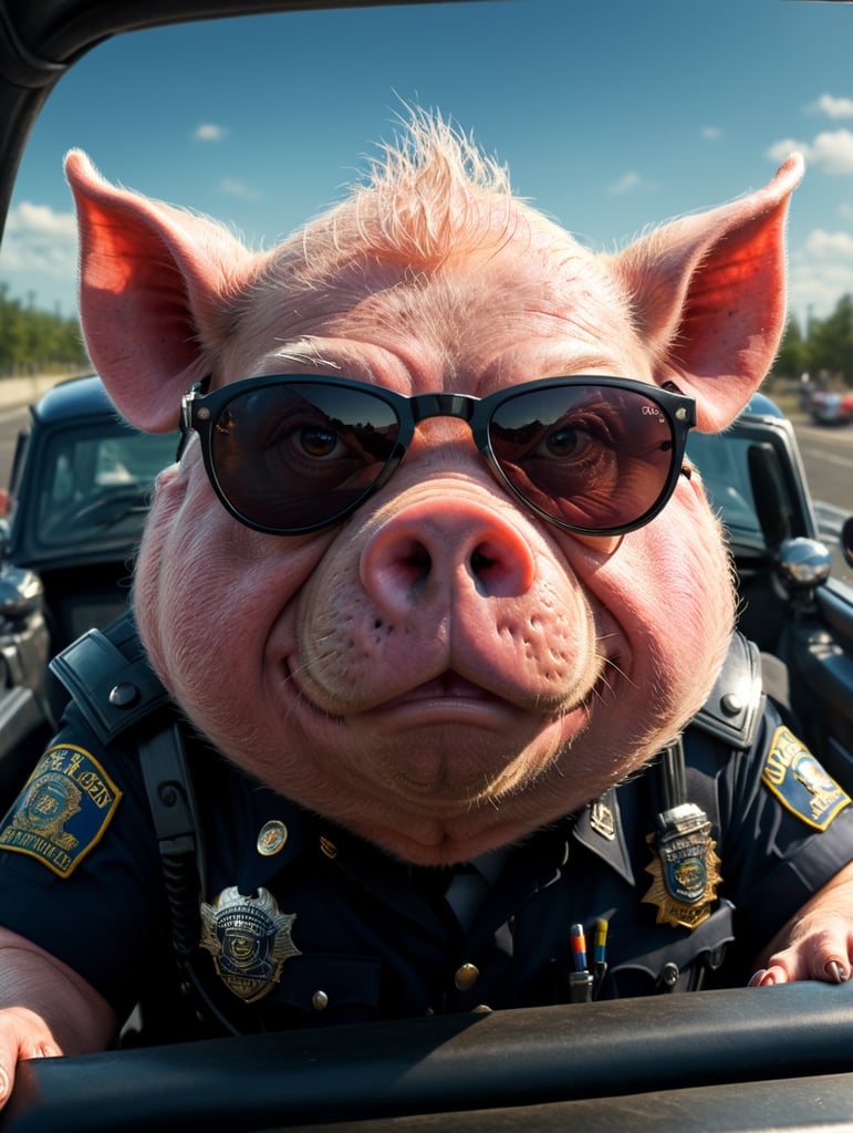 A angry pig police officer, sitting behind the wheel of a police car, close-up shot, sunglasses, clipart, stock photo