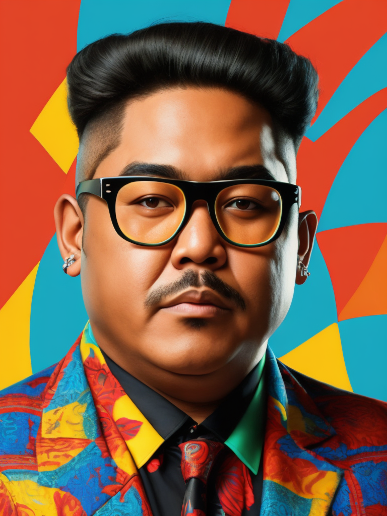 Israel Kamakawiwoʻole wearing a brightly patterned jacket and wayfarer glasses, Vivid saturated colors, Contrast color