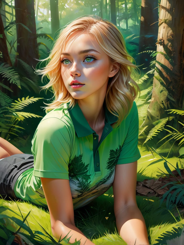 a girl with blond hair, green eyes and a green golf shirt,lying on sunny grass in the forest, surrounded by ferns