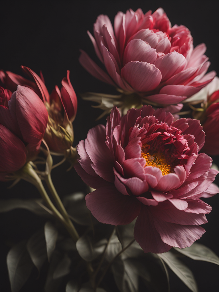 beautifully red peonys, bright and saturated colors, elegant, highly detailed, sharp focus, bright expressive, incredibly high detailed, with black background