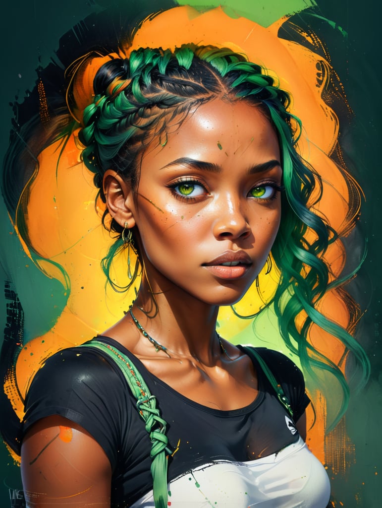 Fitness black women, with freckles on faces, green eyes, braided hair,