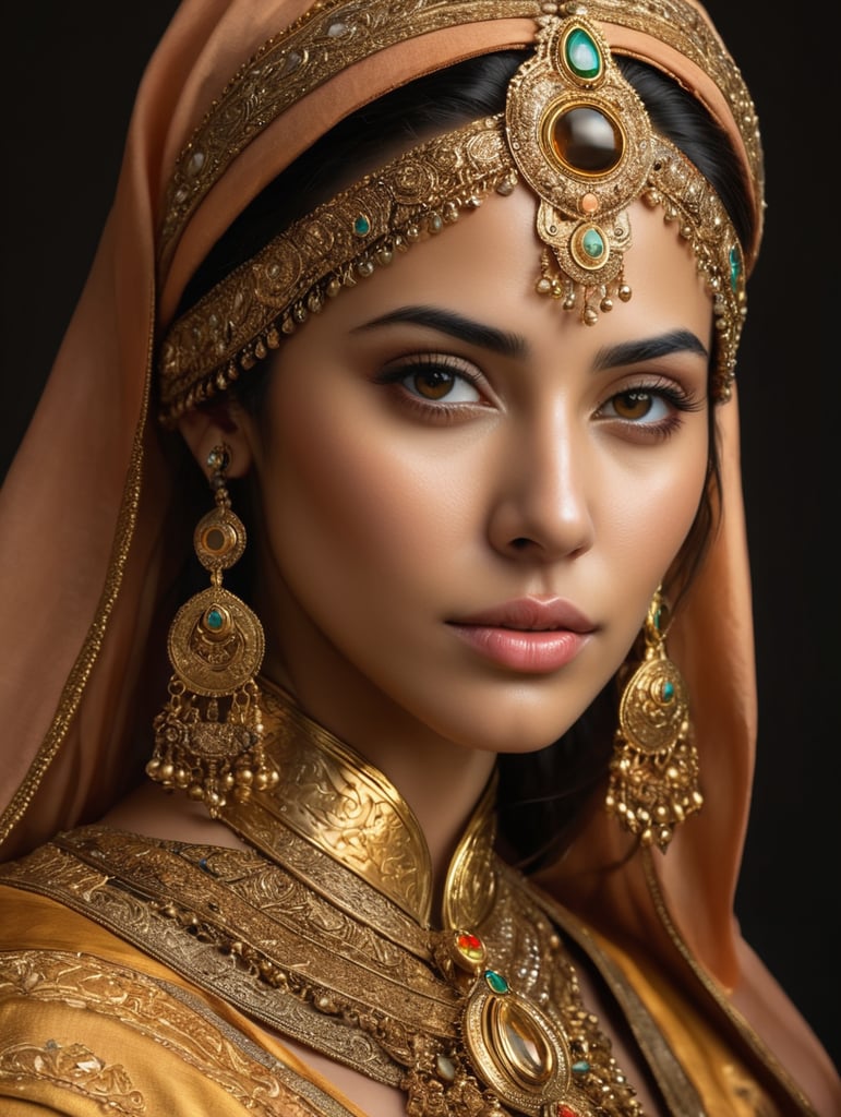 a photorealistic woman golden mage of a stunningly beautiful Emblem of The Middle Eastern unique cultural identities.extremely detailed, detailed symmetrical realistic face, natural skin texture, extremely detailed skin with skin pores, peach fuzz , wearing a masterpiece , absurdres, award winning photo by lee jeffries, nikon d850 film archival photography, kodak portra 400 camera f1.6 lens, extremely detailed, amazing, fine details, rich golden color, texture hyper realistic, spectacular lighting, unreal engine, trending on artstation, cinestill 800 tungsten, looking at viewer, realistic photo, RAW photo, TanvirTamim, high quality, high resolution, sharp