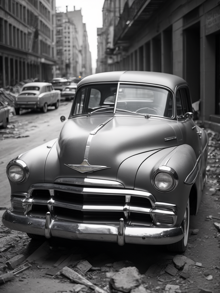 black and white photo of a 1952 Gray Chevrolet goes through bombed city, world war 2