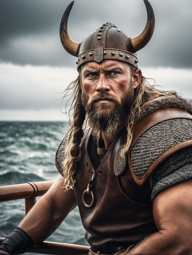 A portrait of viking warrior at the boat in the ocean, stormy weather