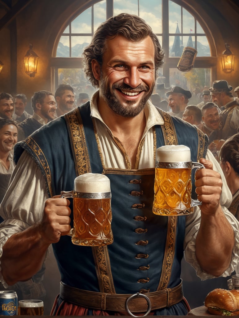 Bavarian man holding a mug of a beer, happy, traditional german costume, Oktoberfest, poster
