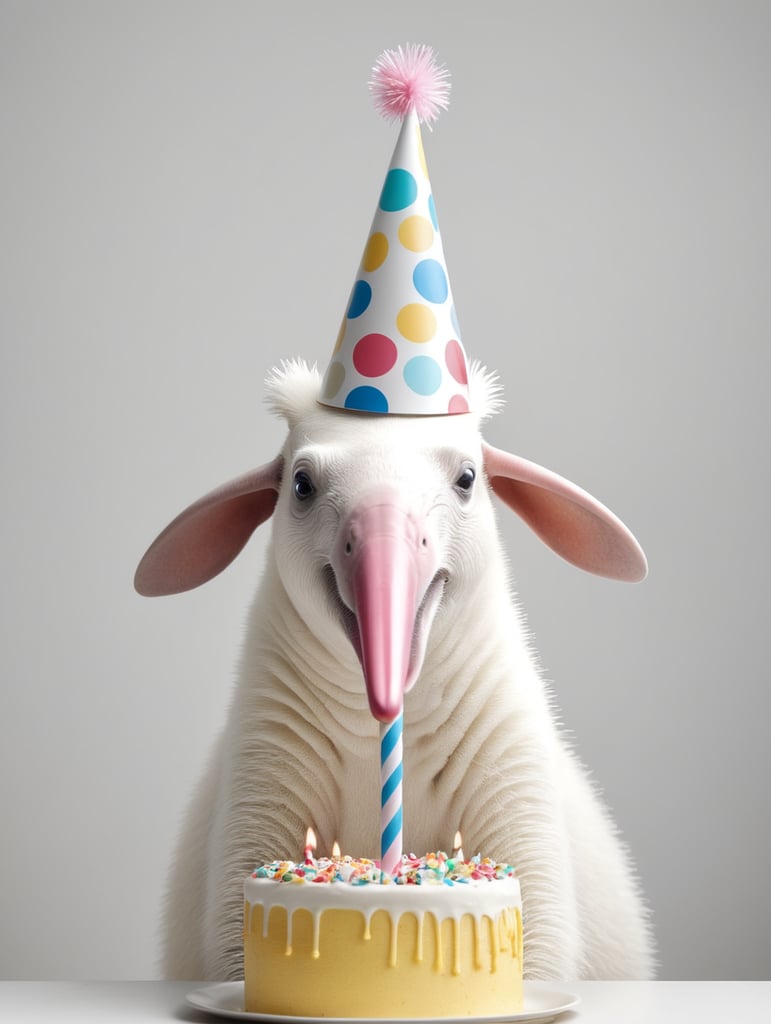 A anteater with a birthday cake and one party hat on its head, hyper realistic