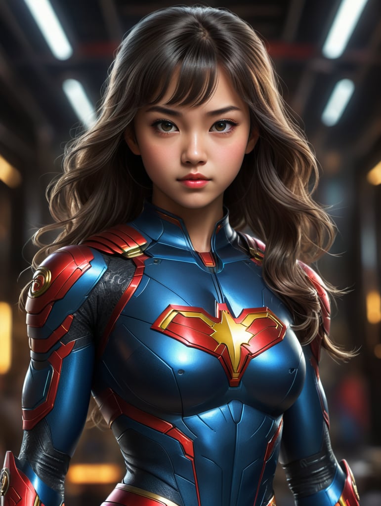 teenage girl superhero with strong pose and cute face, Chinese eyes , need to have front hair bangs in her super girl suit