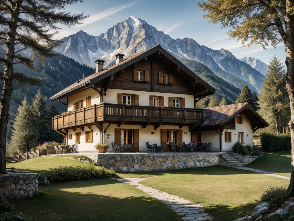 Watercolour sketch of a mountain Austrian chalet