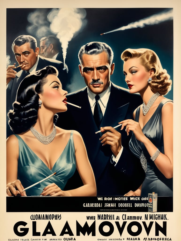 Hollywood 1940's film noir poster with the title "Glamourtown", glamorous women in dresses, handsome older man with grey hair smoking a cigarette, mafia, spotlights, movies theater, film cinema camera