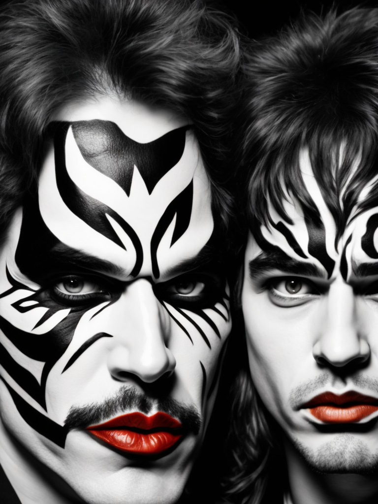 Rock band Kiss, Faces painted black and white, studio photo, professional photo, Bright and rich colors, Detailed image, detailed face
