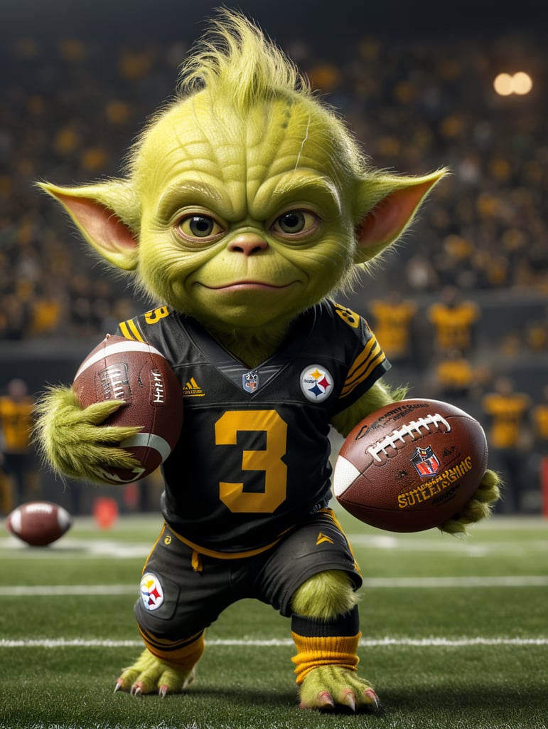 baby grinch wearing steelers team jersey holding a football