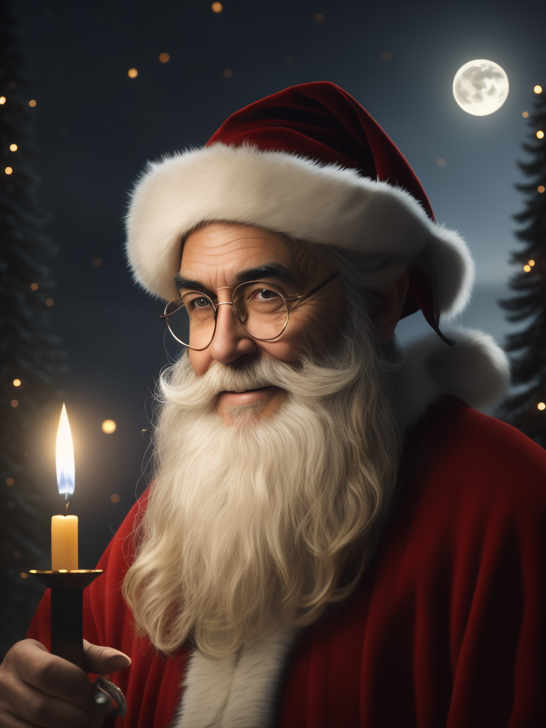 Magical Santa Claus with a white beard, hat, and glasses smiling and looking directly at the camera. Santa Claus is holding a candelabrum that has a candle. The environment is magical we can see a magical enchanted Christmas forest at night with stars and a big moon in the background and it seems that candlelight illuminates Santa Claus's face. The photo is realistic and has a vintage style and a cinematic Pixar-style look.