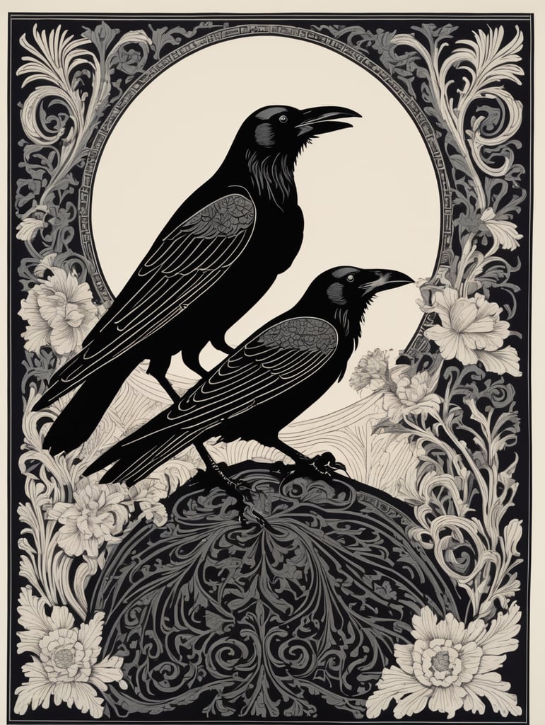 16th century style woodcut, raven, black and white, bold lines