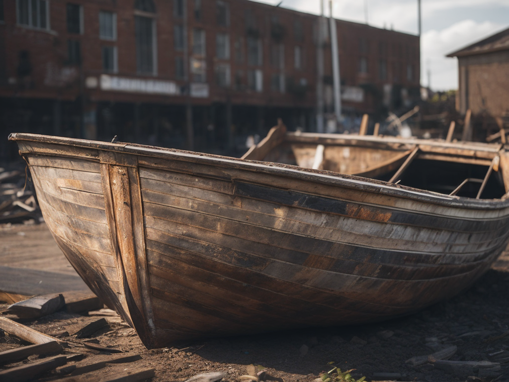 Abandoned broken wooden boat in a dilapidated dirty harbor, high definition, photorealistic, smooth gradients, no blur, sharp focus, cinematic lighting, epic scene