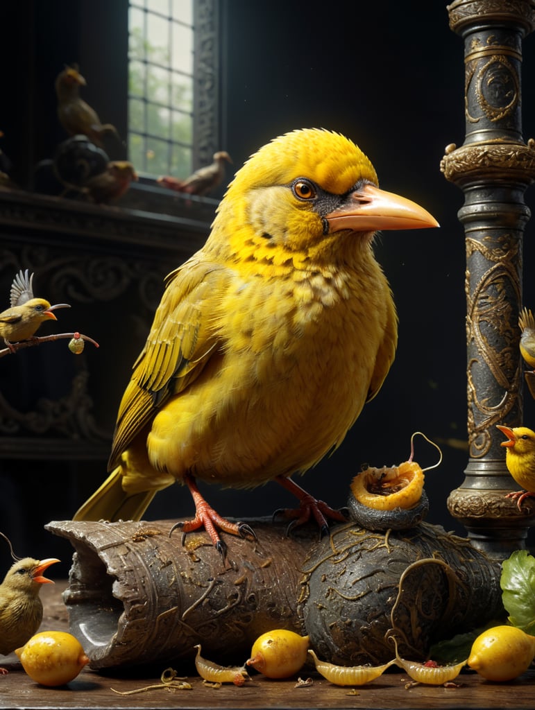 Yellow bird with a topcoat sitting on a stage eating a worm