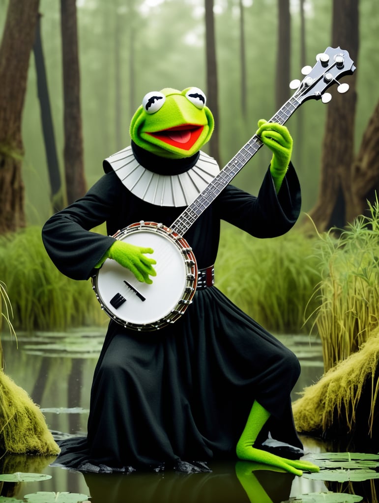 Kermit the frog dressed as a Sith Lord playing the banjo in a swamp