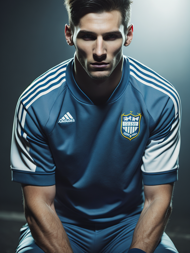 Messi adidas raglan football uniform bright blue and white colors saturated colors highly detailed fashion magazine sharp focus dramatic lighting depth of field