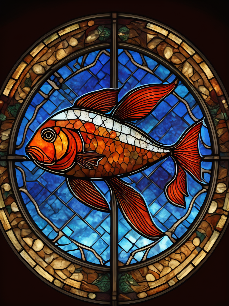 stained glass effect, zodiac sign, Pisces, beautiful, mystical, reddish background, celestial style