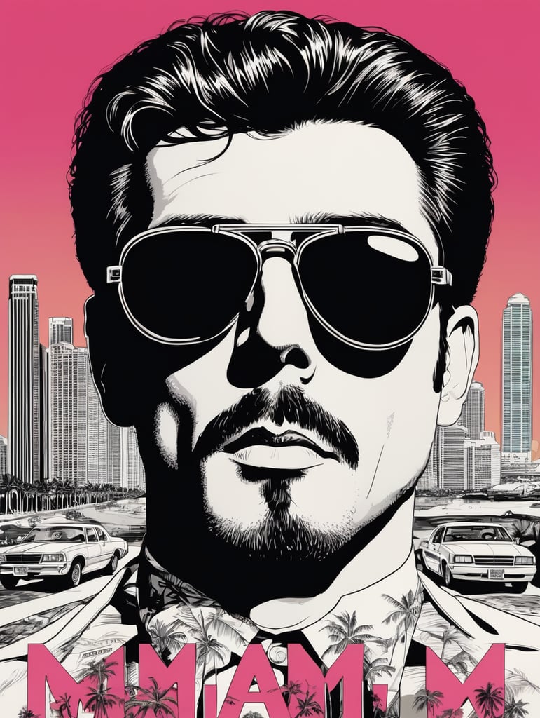 Miami 1984 cocaine eye-catching poster-style drawing and illustration representing the iconic pulp style.