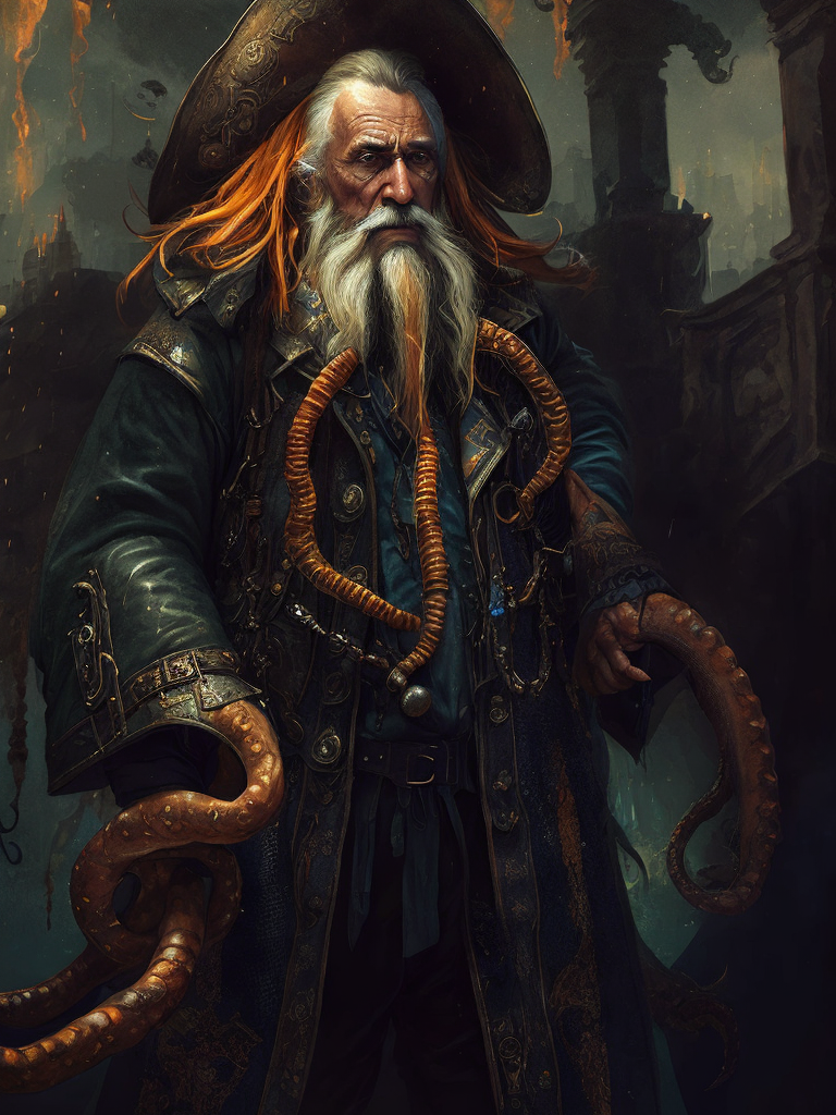 old pirate with octopus beard, dark scene, dark atmosphere, epic shot, sharp on details