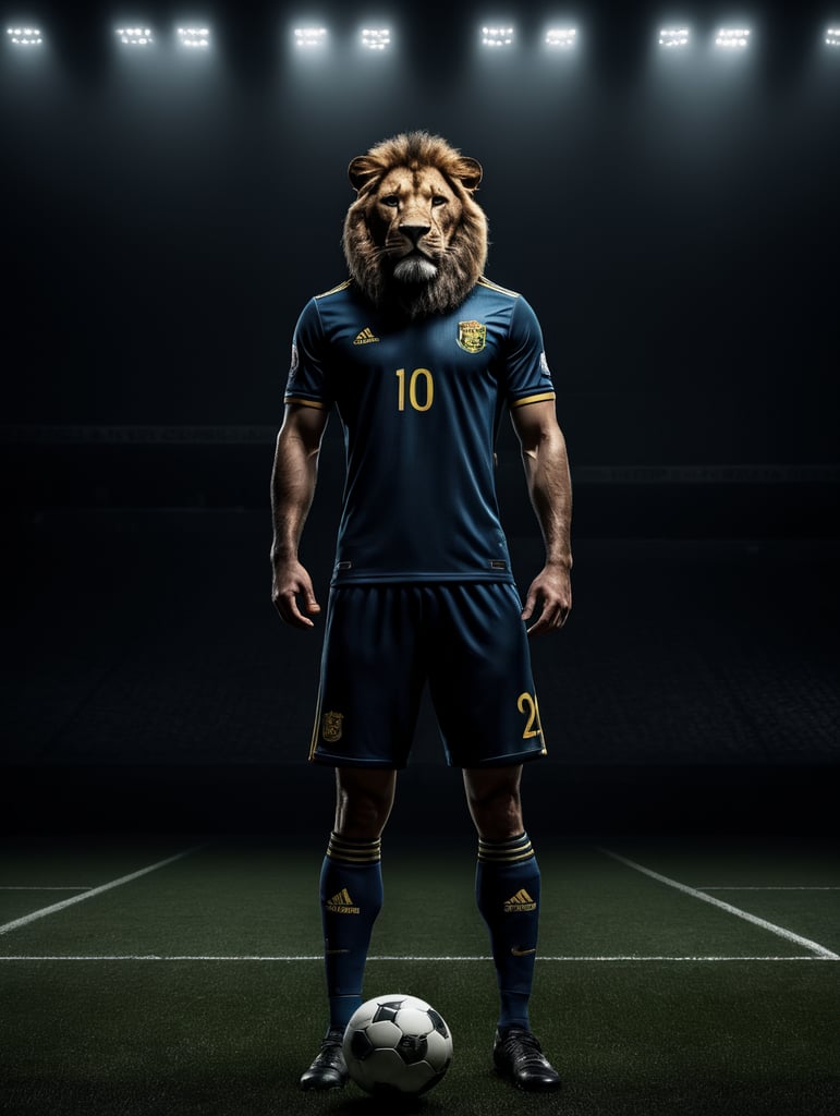 Full body, portrait, front facing, soccer player, black background, dark atmosphere, lion