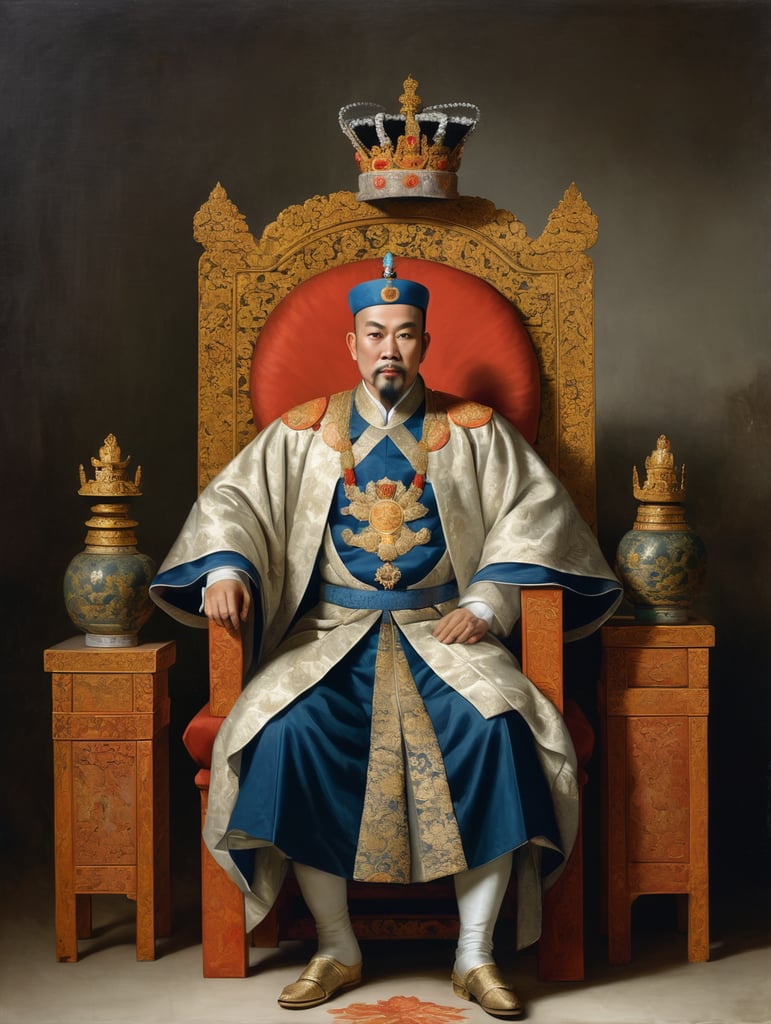 An 18th century painting of a vietnamese emperor sitting down, wearing european clothing and an asian imperial crown