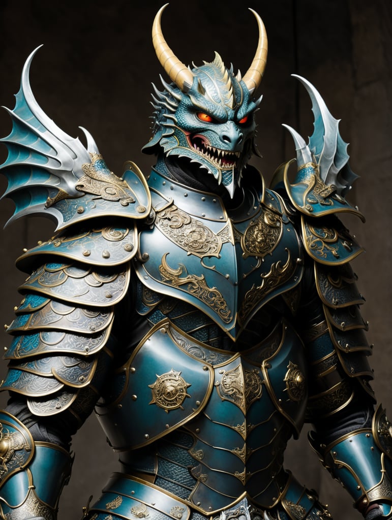 This set of armor has a pointed helm with half a face guard shaped like the eyes of a dragon. Attached to the forehead area is a tall, wing-like ornament piece. The shoulders are fairly pointy, wide and quite large. They're decorated with rows and rows of teeth, enemy teeth to be exact. The upper arms are protected by squared, layered metal rerebraces which sit nicely under the shoulderplates. The lower arms are covered by vambraces which have a row of hook-like barbs attached to each outer side. The breastplate is made from several layers of metal sheets, which perfectly sit just under the shoulderplates. It covers almost everything from the neck down and ending at the groin, but the sides are only covered near the bottom. The upper legs are covered by pointed, layered metal cuisses. The lower legs are protected by greaves which have a curved animal bone attached to each outer side, the bone curves upwards towards the pelvis.