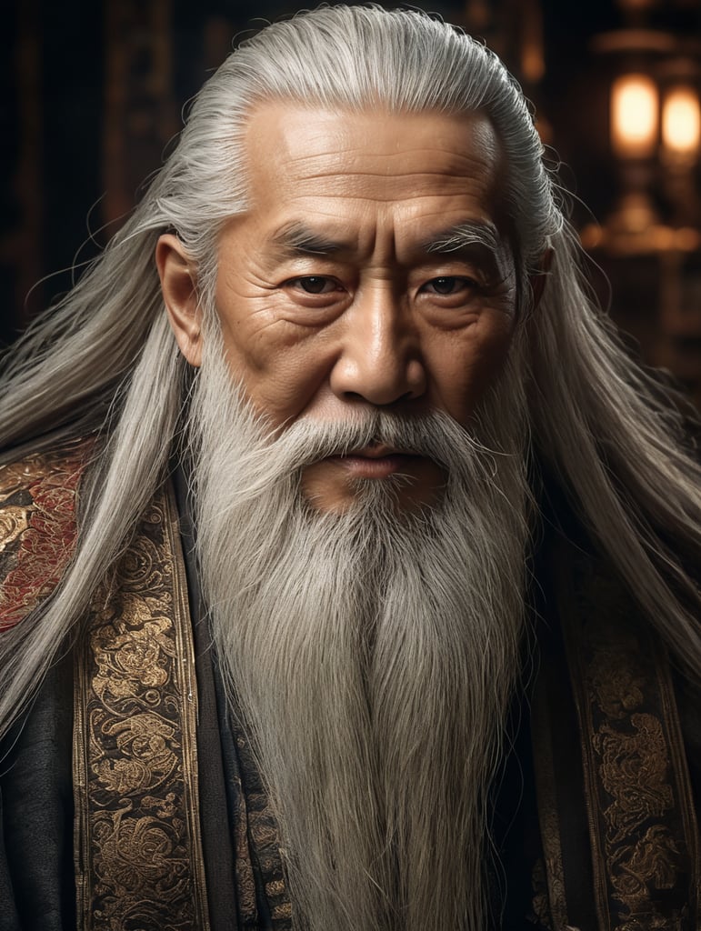 Wise old japanese man from tokyo with a long white beard, intricate, sharp focus, fantasy, cinematic lighting, other worldy, surreal 8k photo, dark moody aesthetic