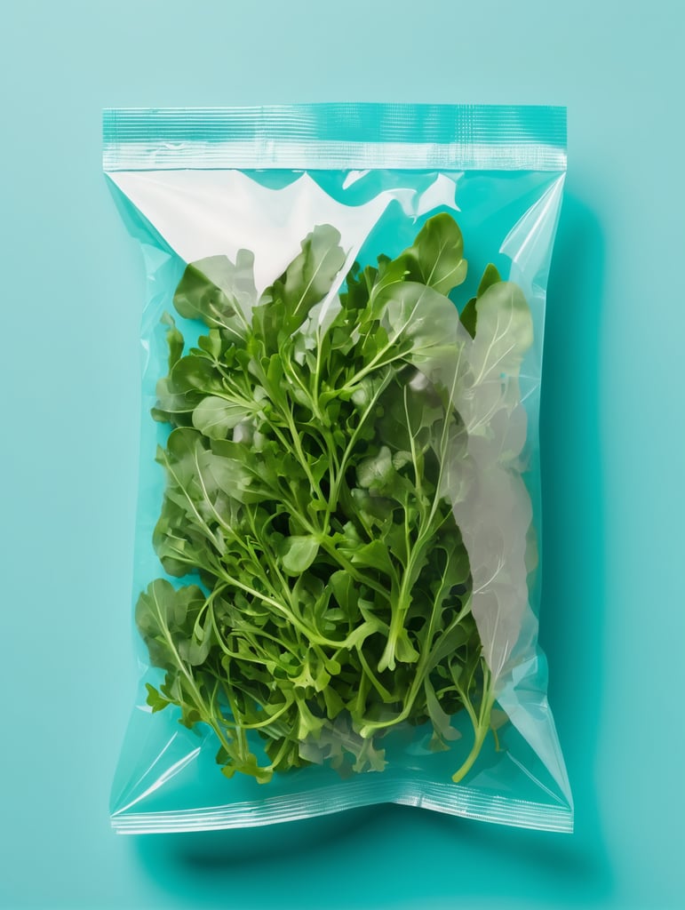 blank Transparent Plastic bag with Arugula Salad, isolated, cyan background, Mockup, mock up