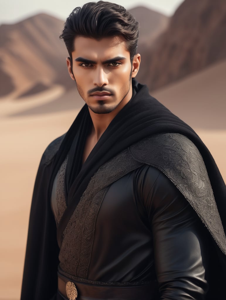 Close-up fantasy-inspired portrait of a haute couture hauntingly handsome 19-year-old Persian male fashion model looking directly into the camera, with warm brown eyes and roguish black hair. He is wearing black assassin robes and a billowing black cape, with the desert at night as the background. The atmosphere is ethereal and dreamy with fog. This photoshoot was done by Alessio Albi for an editorial in a fashion magazine, featuring various fashion poses. The style is reminiscent of Kinfolk Magazine, with a film grain effect.