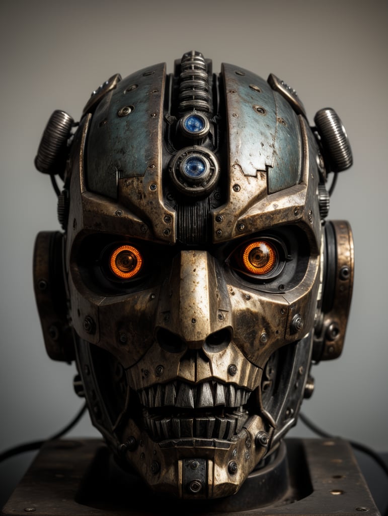 Horror-themed transformer head, a 2000 year ((old metal bone)),highly detailed,sharp, shiny details, detail face, front view, realistic image, studio lighting, unsettling, dark, spooky, suspenseful, scary, highly detailed, lockdown transformer, detailed eyes, black steel details, angry face