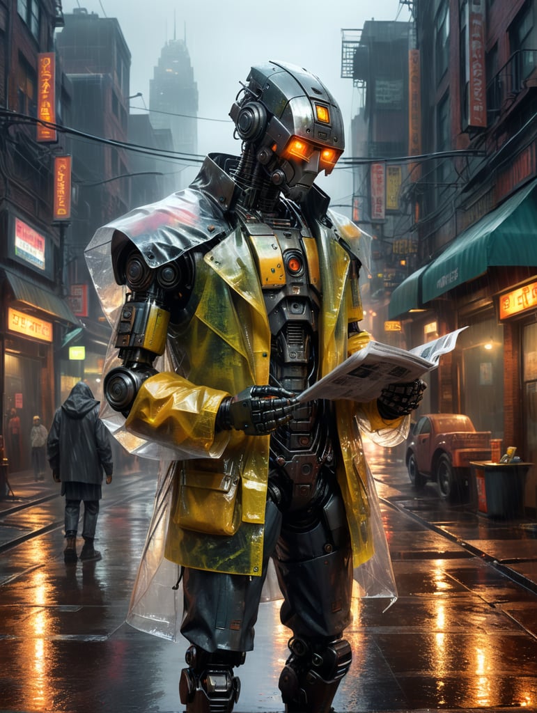 A robot wearing a transparent raincoat, standing outside in the rain and reading a newspaper, rusty and worn out, on a dystopian cyberpunk street, photorealistic urban punk, dark atmosphere with bright accents, contrast lighting