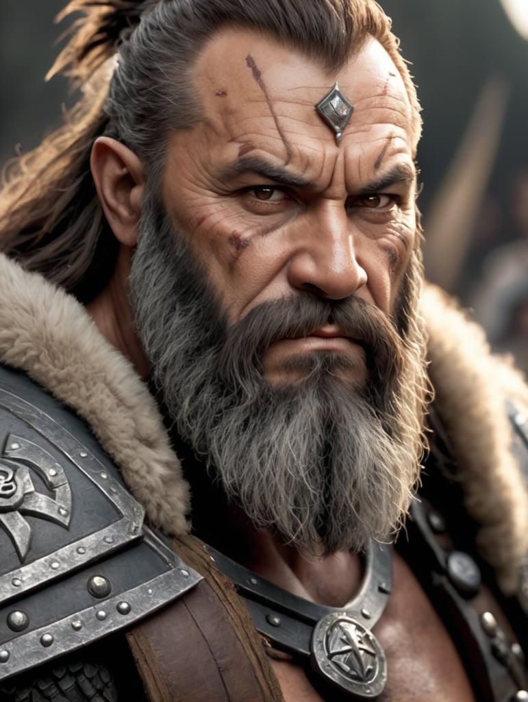 dark fantasy dwarf barbarian, 55 years old, brown hair, long beard, brown eyes, scar under left eye