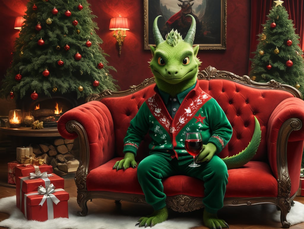 Green Draco seating on a red velour sofa. Draco wear a red christmas sweater.Draco wear a glasses and has a glass of red wine. It has a christmas interior. A backside wall has a picture with Poutin's portrait