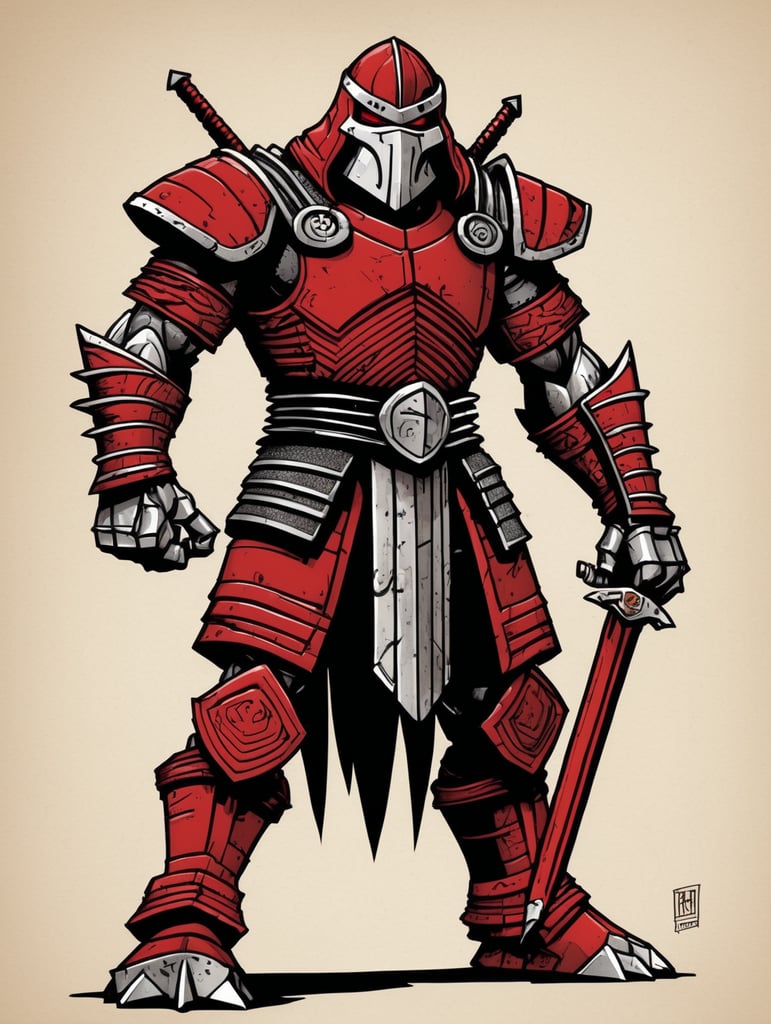 Detailed pen and ink illustration of shredder from tmnt, full body, detailed anthropology, minimalist background, by herge, in the style of tin-tin comics, black and red, detailed, high quality