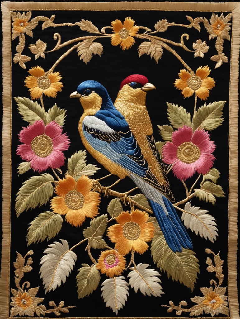 image of an embroidery in metallic gold thread, representing grapes and birds, Sevillian Baroque style, typical of Holy Week in Seville, on a luxurious black cloth, with discreet shadows and volumes, surrounded by a frame of natural wild flowers, embroidered in silk thread, bright and cheerful colours, very detailed, sharp focus, spectacular lighting, depth of field, photographic quality, high resolution, graphic design style, cultured, elegant, fashionable,